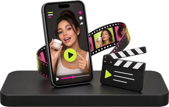 AI-відео і UGC: телефон з роликом, кіноплівка і хлопавка